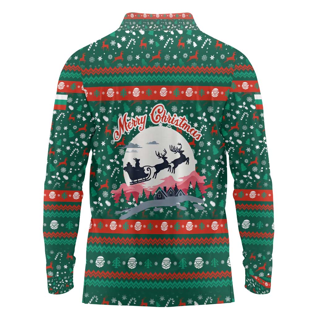 Bulgaria Christmas Long Sleeve Polo Shirt with Green-Red Theme, Golden Lion, and Santa Sleigh Motif - Wonder Print Shop