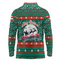Bulgaria Christmas Long Sleeve Polo Shirt with Green-Red Theme, Golden Lion, and Santa Sleigh Motif - Wonder Print Shop
