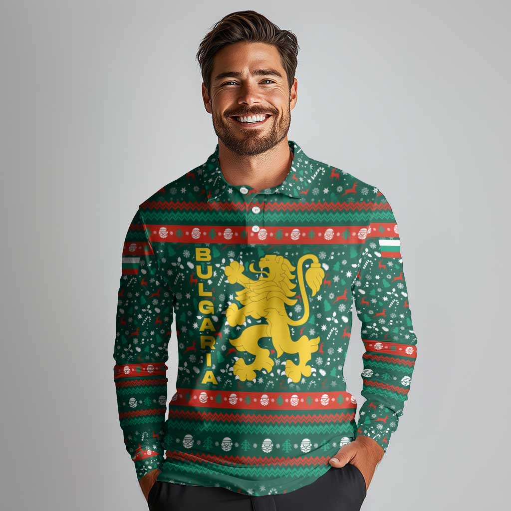 Bulgaria Christmas Long Sleeve Polo Shirt with Green-Red Theme, Golden Lion, and Santa Sleigh Motif - Wonder Print Shop