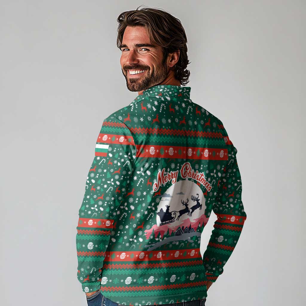 Bulgaria Christmas Long Sleeve Polo Shirt with Green-Red Theme, Golden Lion, and Santa Sleigh Motif - Wonder Print Shop