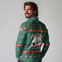 Bulgaria Christmas Long Sleeve Polo Shirt with Green-Red Theme, Golden Lion, and Santa Sleigh Motif - Wonder Print Shop