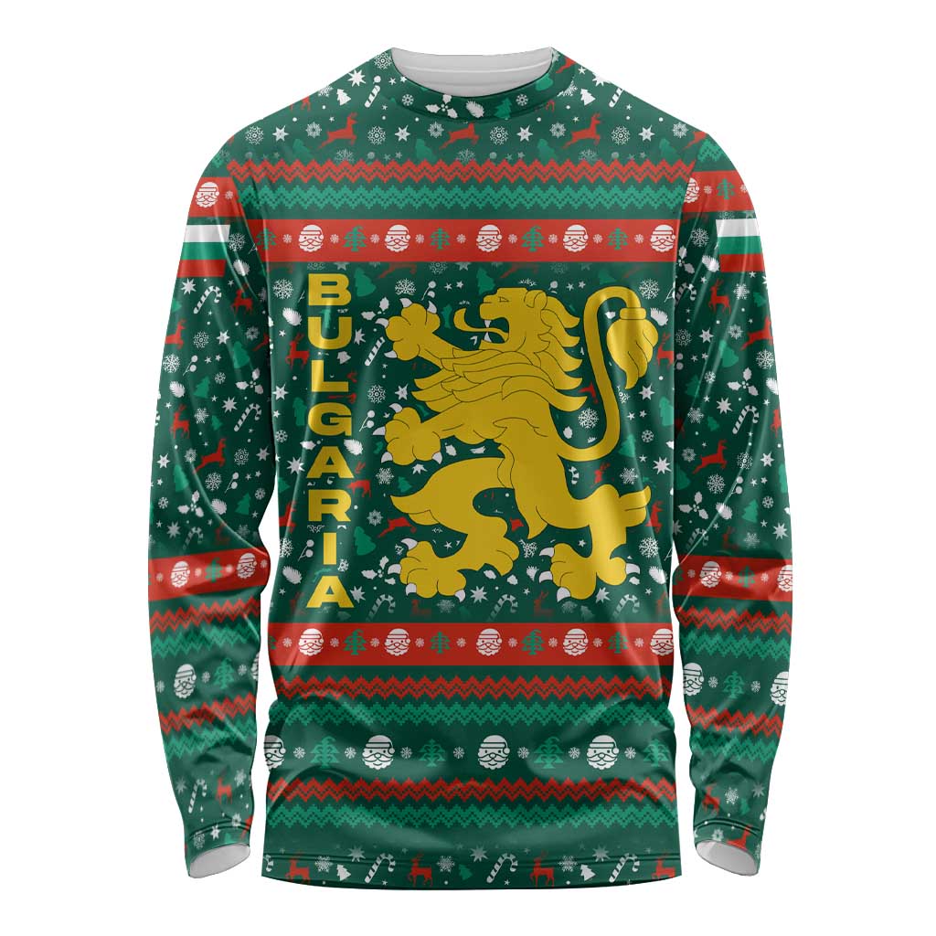 Bulgaria Christmas Long Sleeve Shirt with Green-Red Theme, Golden Lion, and Santa Sleigh Motif - Wonder Print Shop