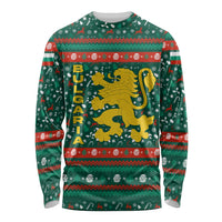 Bulgaria Christmas Long Sleeve Shirt with Green-Red Theme, Golden Lion, and Santa Sleigh Motif - Wonder Print Shop