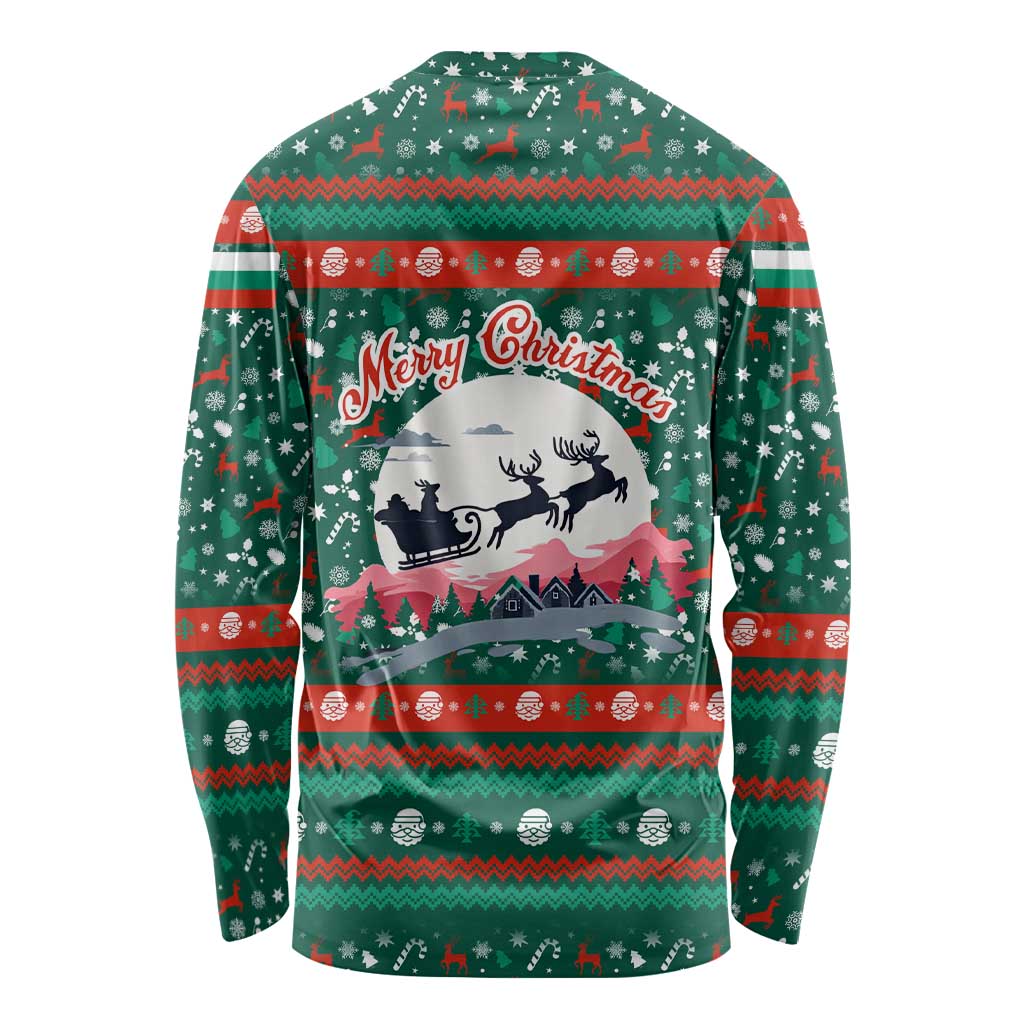 Bulgaria Christmas Long Sleeve Shirt with Green-Red Theme, Golden Lion, and Santa Sleigh Motif - Wonder Print Shop