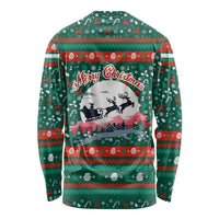 Bulgaria Christmas Long Sleeve Shirt with Green-Red Theme, Golden Lion, and Santa Sleigh Motif - Wonder Print Shop