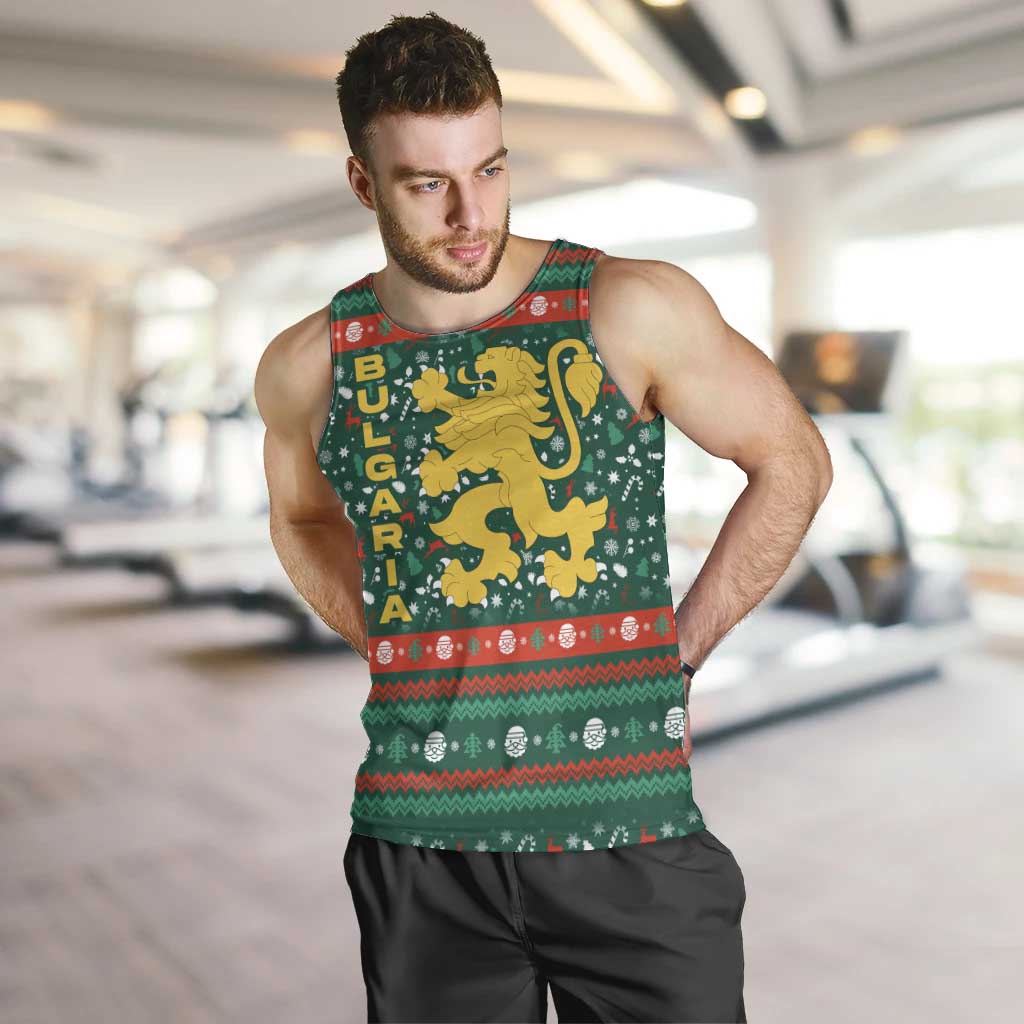 Bulgaria Christmas Men Tank Top with Green-Red Theme, Golden Lion, and Santa Sleigh Motif - Wonder Print Shop