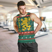 Bulgaria Christmas Men Tank Top with Green-Red Theme, Golden Lion, and Santa Sleigh Motif - Wonder Print Shop