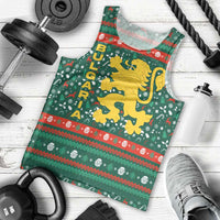 Bulgaria Christmas Men Tank Top with Green-Red Theme, Golden Lion, and Santa Sleigh Motif - Wonder Print Shop