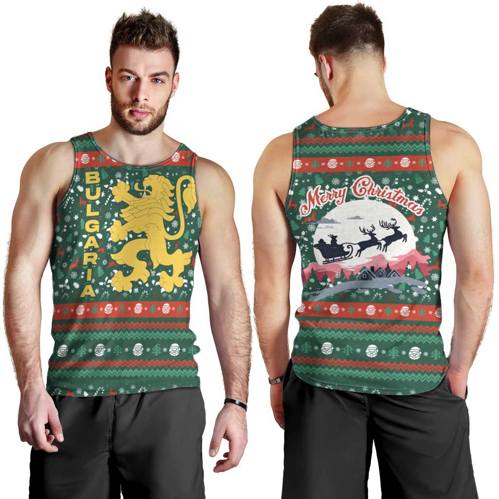 Bulgaria Christmas Men Tank Top with Green-Red Theme, Golden Lion, and Santa Sleigh Motif - Wonder Print Shop