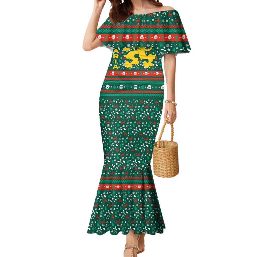 Bulgaria Christmas Mermaid Dress with Green-Red Theme, Golden Lion, and Santa Sleigh Motif - Wonder Print Shop