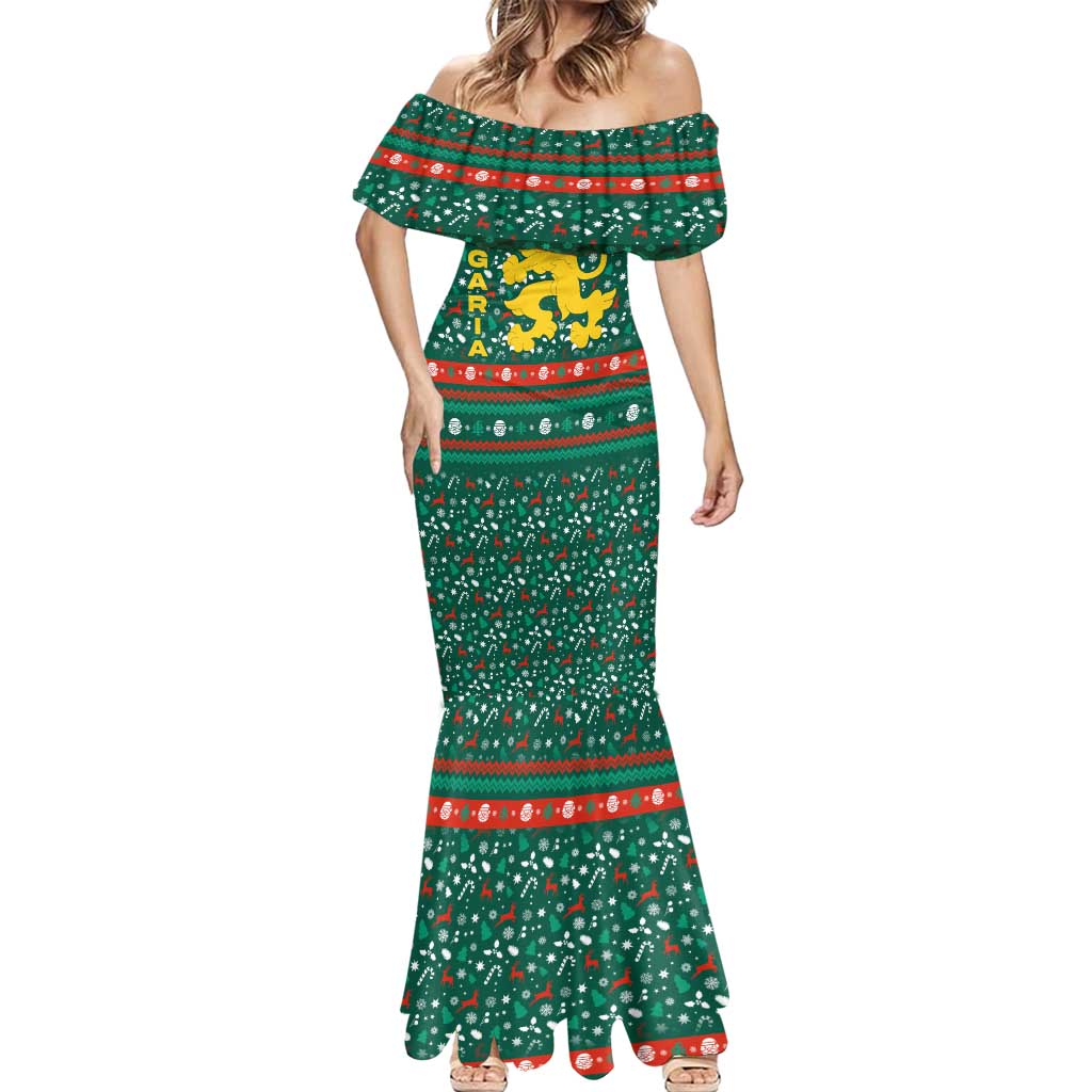Bulgaria Christmas Mermaid Dress with Green-Red Theme, Golden Lion, and Santa Sleigh Motif - Wonder Print Shop