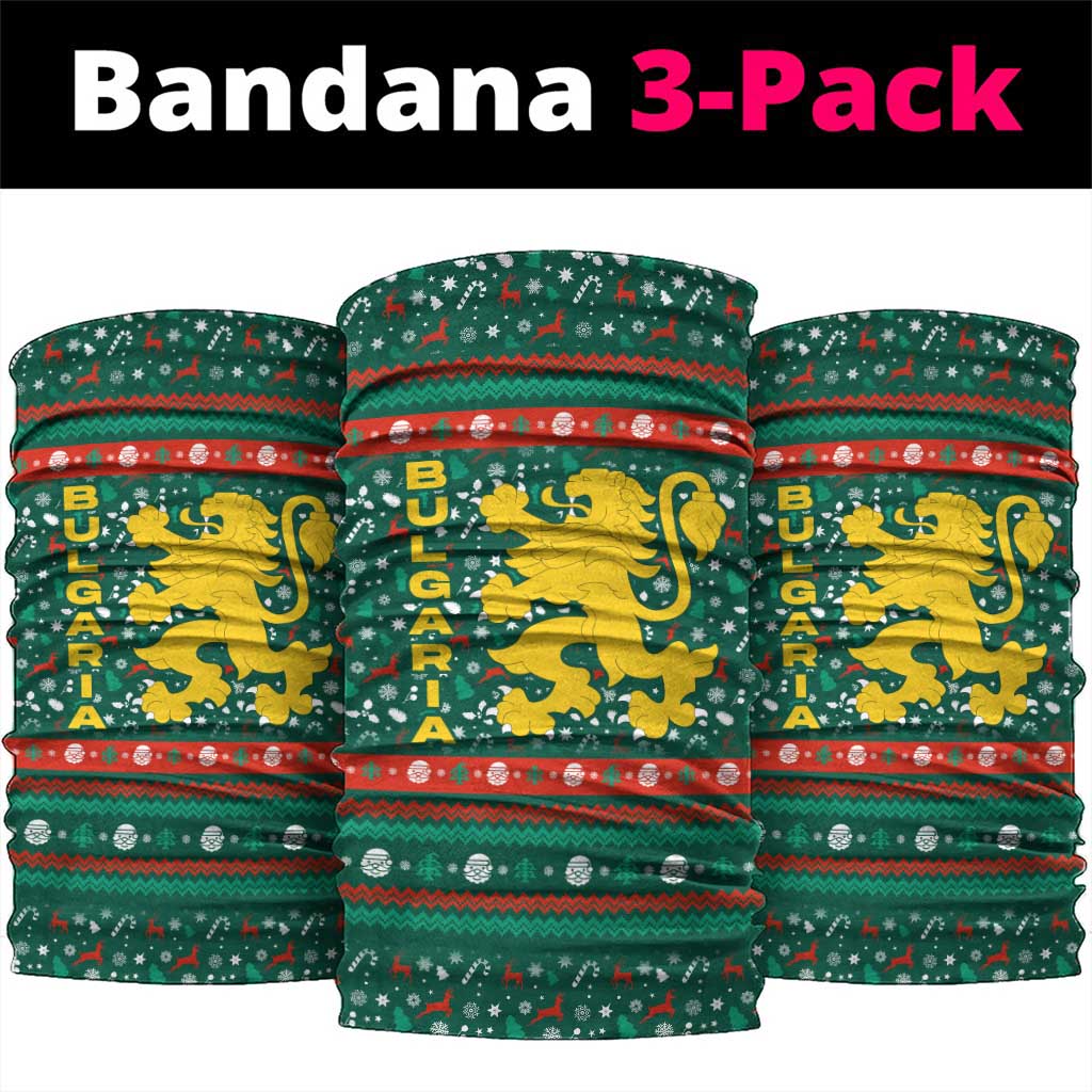 Bulgaria Christmas Neck Gaiter with Green-Red Theme, Golden Lion, and Santa Sleigh Motif - Wonder Print Shop
