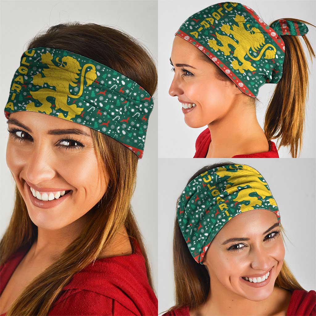 Bulgaria Christmas Neck Gaiter with Green-Red Theme, Golden Lion, and Santa Sleigh Motif - Wonder Print Shop
