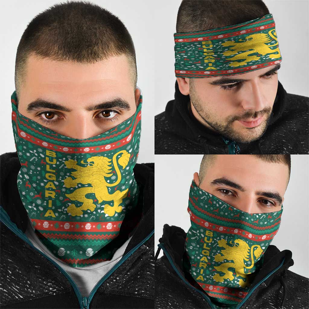 Bulgaria Christmas Neck Gaiter with Green-Red Theme, Golden Lion, and Santa Sleigh Motif - Wonder Print Shop