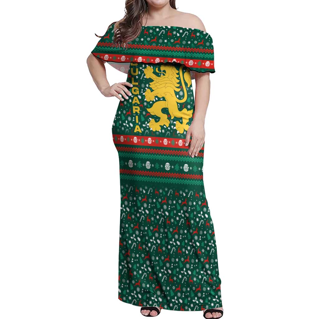 Bulgaria Christmas Off Shoulder Maxi Dress with Green-Red Theme, Golden Lion, and Santa Sleigh Motif - Wonder Print Shop