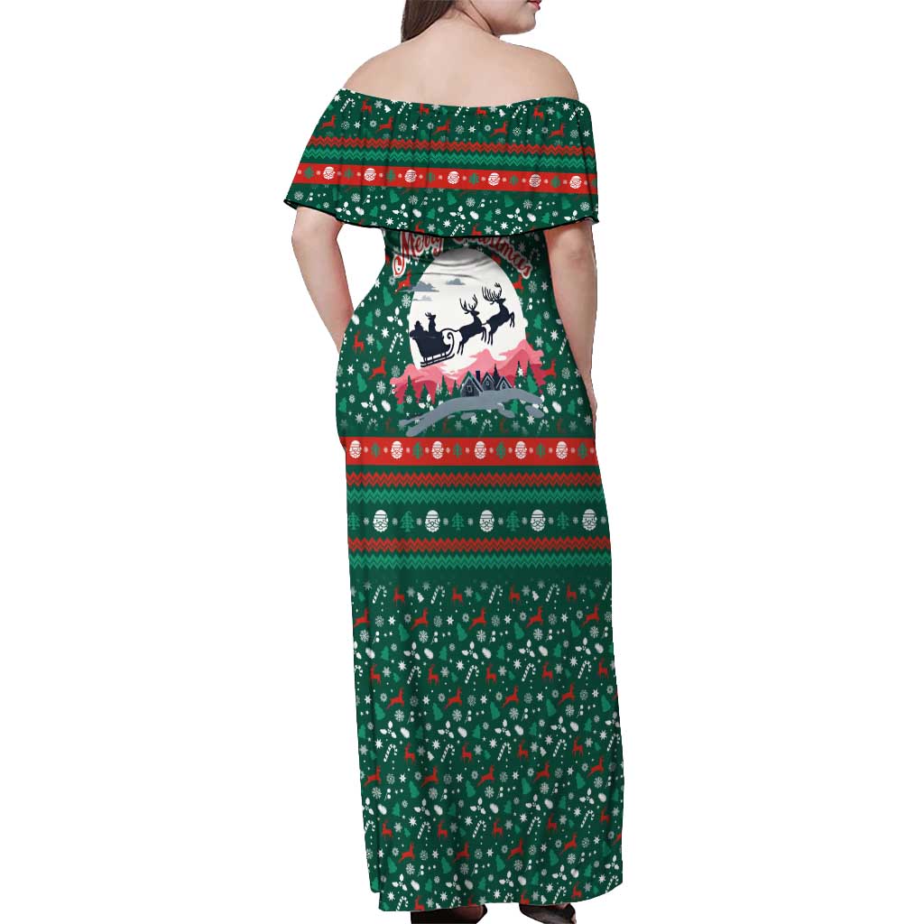 Bulgaria Christmas Off Shoulder Maxi Dress with Green-Red Theme, Golden Lion, and Santa Sleigh Motif - Wonder Print Shop