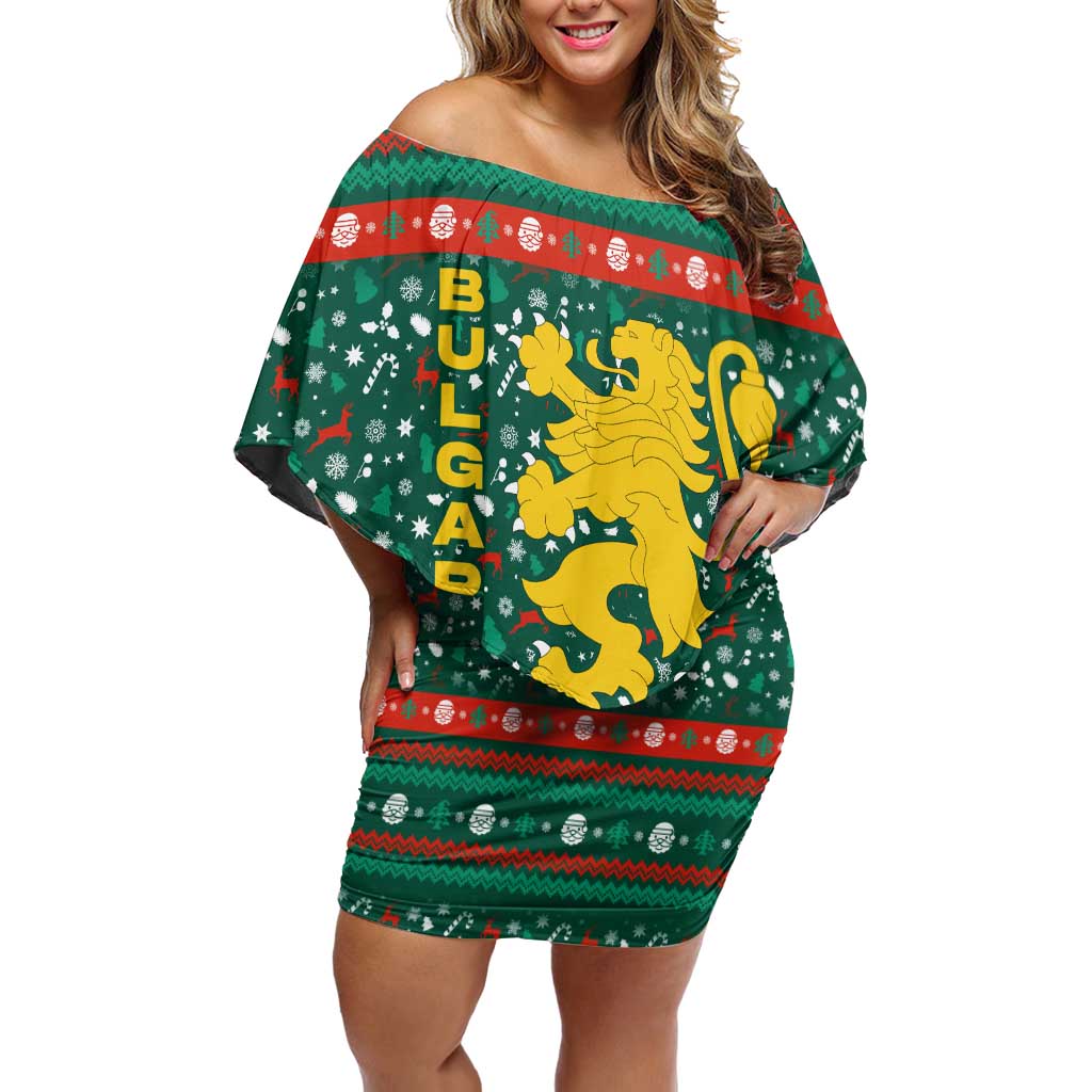 Bulgaria Christmas Off Shoulder Short Dress with Green-Red Theme, Golden Lion, and Santa Sleigh Motif - Wonder Print Shop