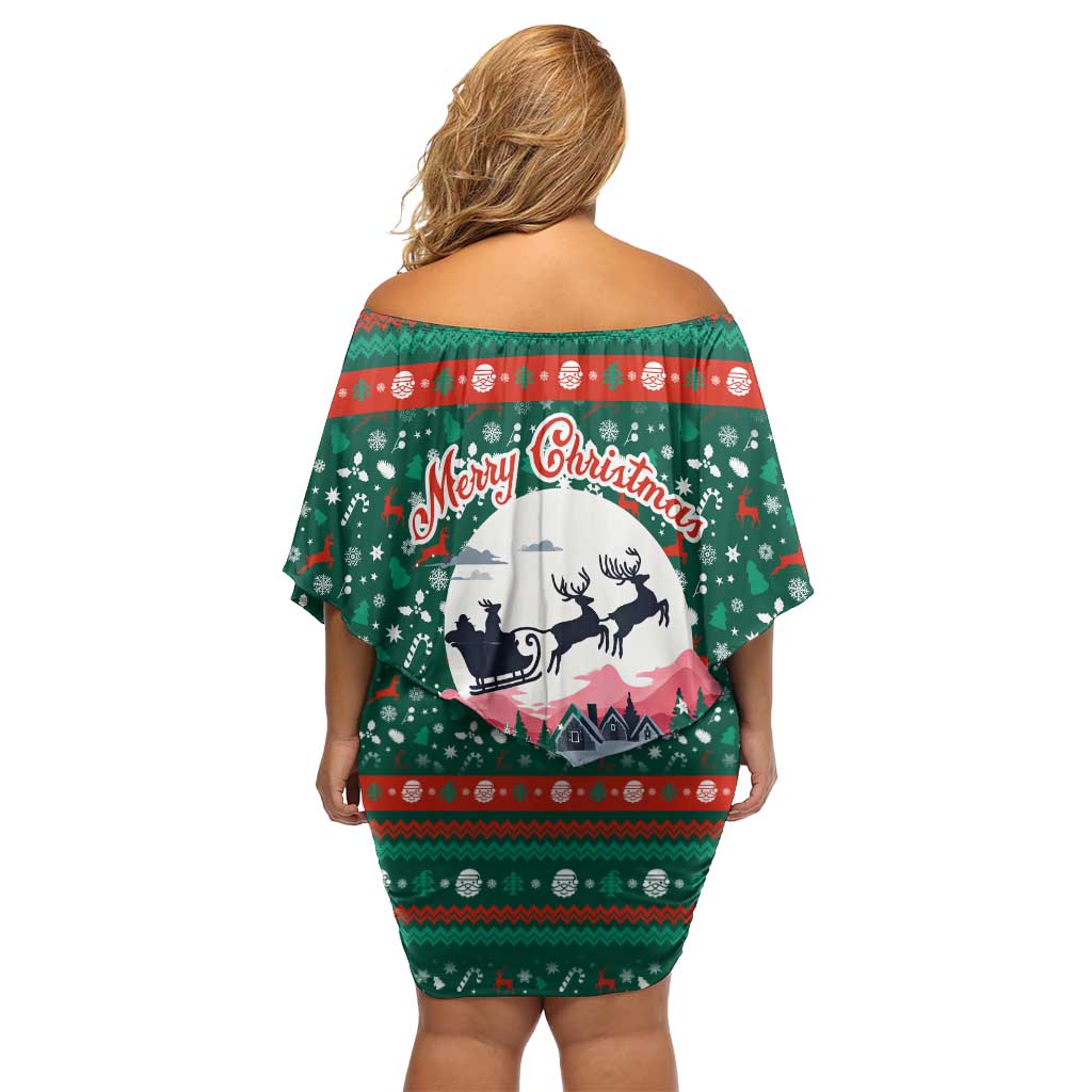 Bulgaria Christmas Off Shoulder Short Dress with Green-Red Theme, Golden Lion, and Santa Sleigh Motif - Wonder Print Shop