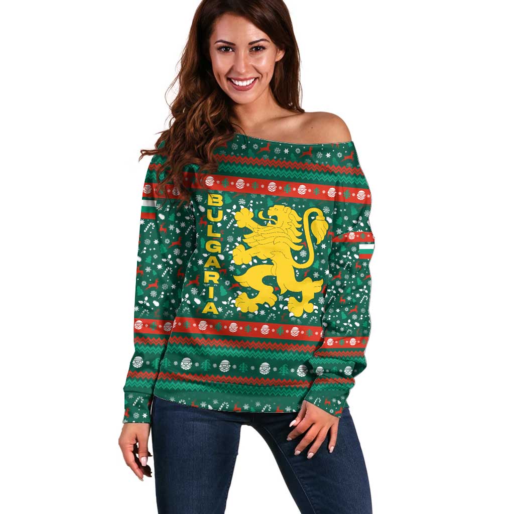Bulgaria Christmas Off Shoulder Sweater with Green-Red Theme, Golden Lion, and Santa Sleigh Motif - Wonder Print Shop