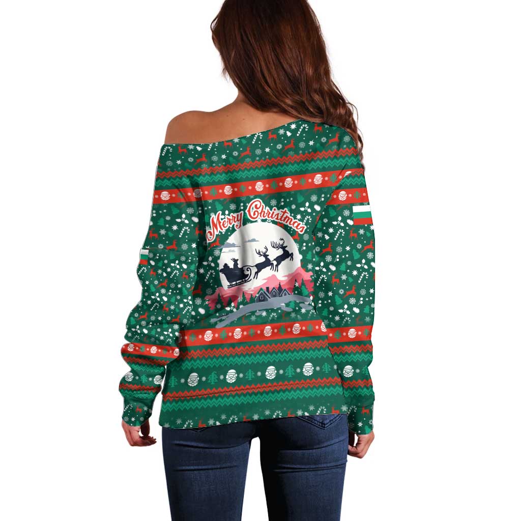 Bulgaria Christmas Off Shoulder Sweater with Green-Red Theme, Golden Lion, and Santa Sleigh Motif - Wonder Print Shop