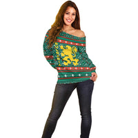 Bulgaria Christmas Off Shoulder Sweater with Green-Red Theme, Golden Lion, and Santa Sleigh Motif - Wonder Print Shop