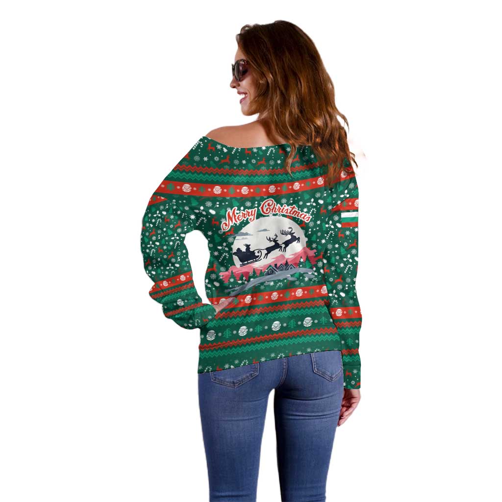 Bulgaria Christmas Off Shoulder Sweater with Green-Red Theme, Golden Lion, and Santa Sleigh Motif - Wonder Print Shop