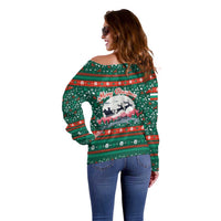 Bulgaria Christmas Off Shoulder Sweater with Green-Red Theme, Golden Lion, and Santa Sleigh Motif - Wonder Print Shop