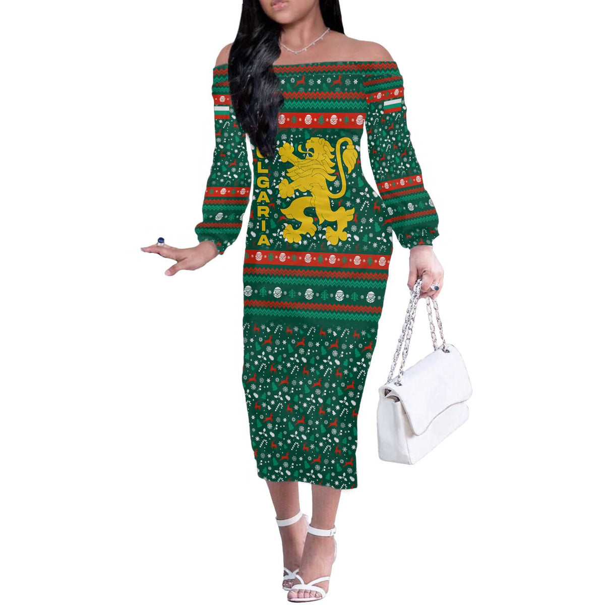 Bulgaria Christmas Off The Shoulder Long Sleeve Dress with Green-Red Theme, Golden Lion, and Santa Sleigh Motif - Wonder Print Shop