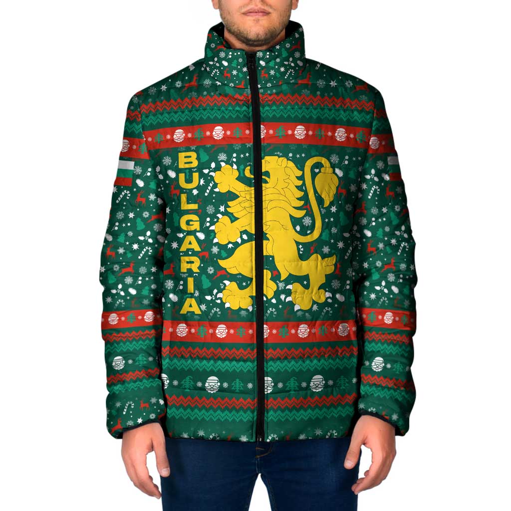 Bulgaria Christmas Padded Jacket with Green-Red Theme, Golden Lion, and Santa Sleigh Motif - Wonder Print Shop