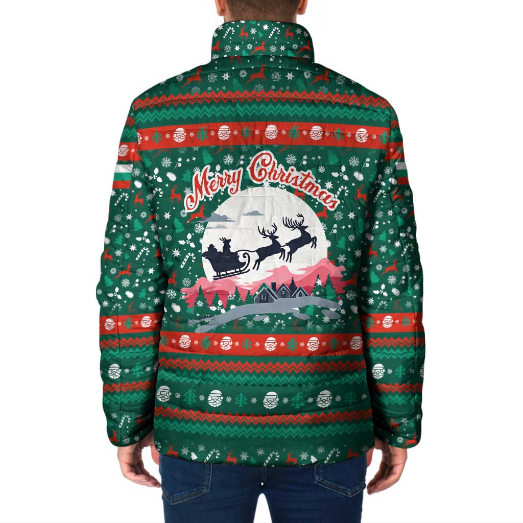 Bulgaria Christmas Padded Jacket with Green-Red Theme, Golden Lion, and Santa Sleigh Motif - Wonder Print Shop