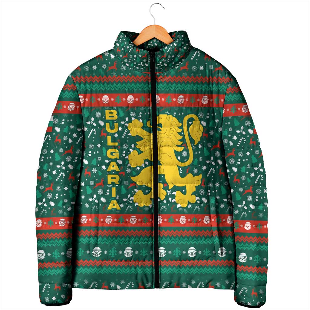 Bulgaria Christmas Padded Jacket with Green-Red Theme, Golden Lion, and Santa Sleigh Motif - Wonder Print Shop
