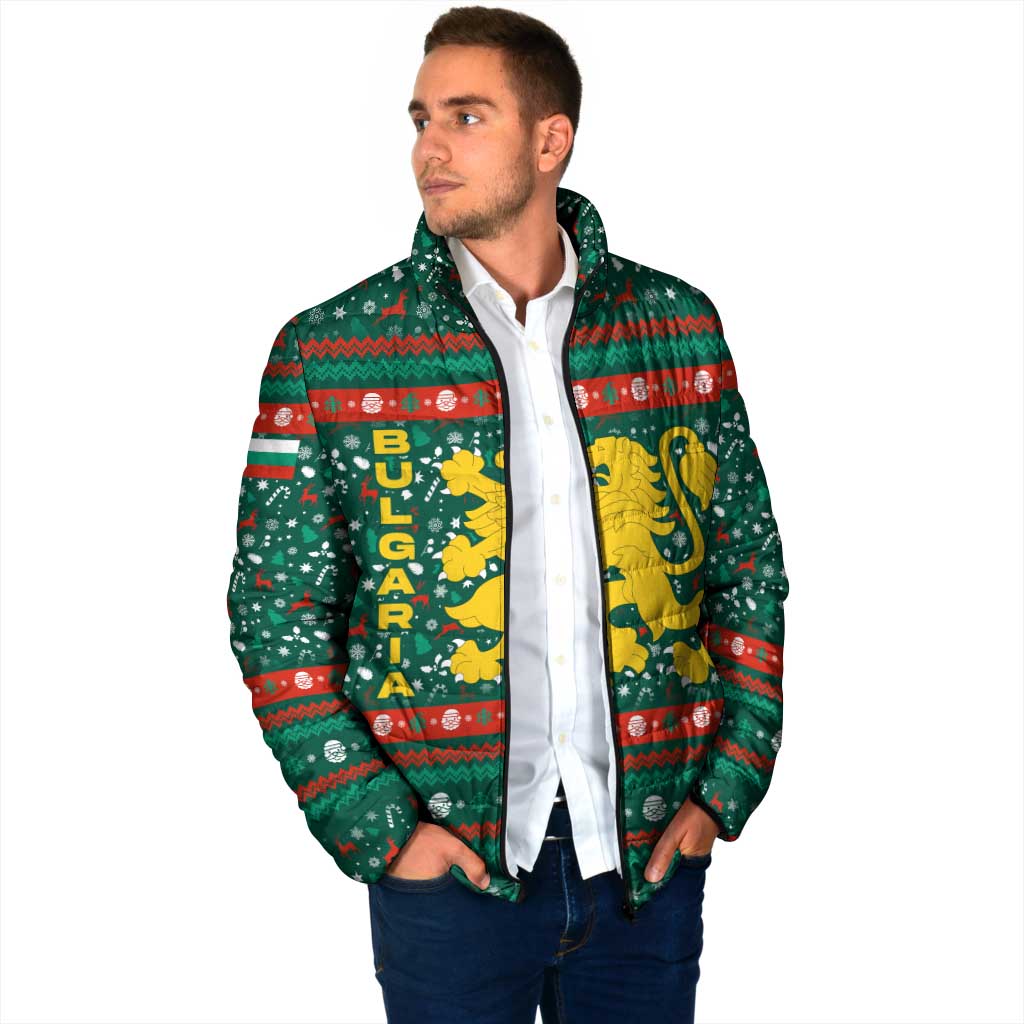 Bulgaria Christmas Padded Jacket with Green-Red Theme, Golden Lion, and Santa Sleigh Motif - Wonder Print Shop