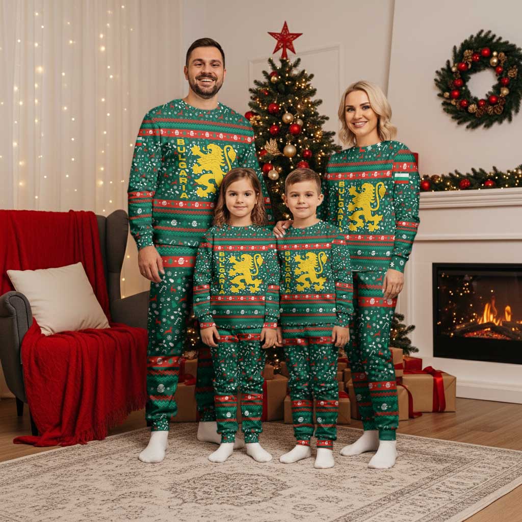 Bulgaria Christmas Pajama Set with Green-Red Theme, Golden Lion, and Santa Sleigh Motif - Wonder Print Shop