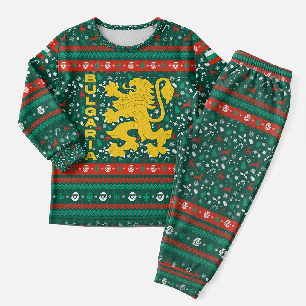 Bulgaria Christmas Pajama Set with Green-Red Theme, Golden Lion, and Santa Sleigh Motif - Wonder Print Shop
