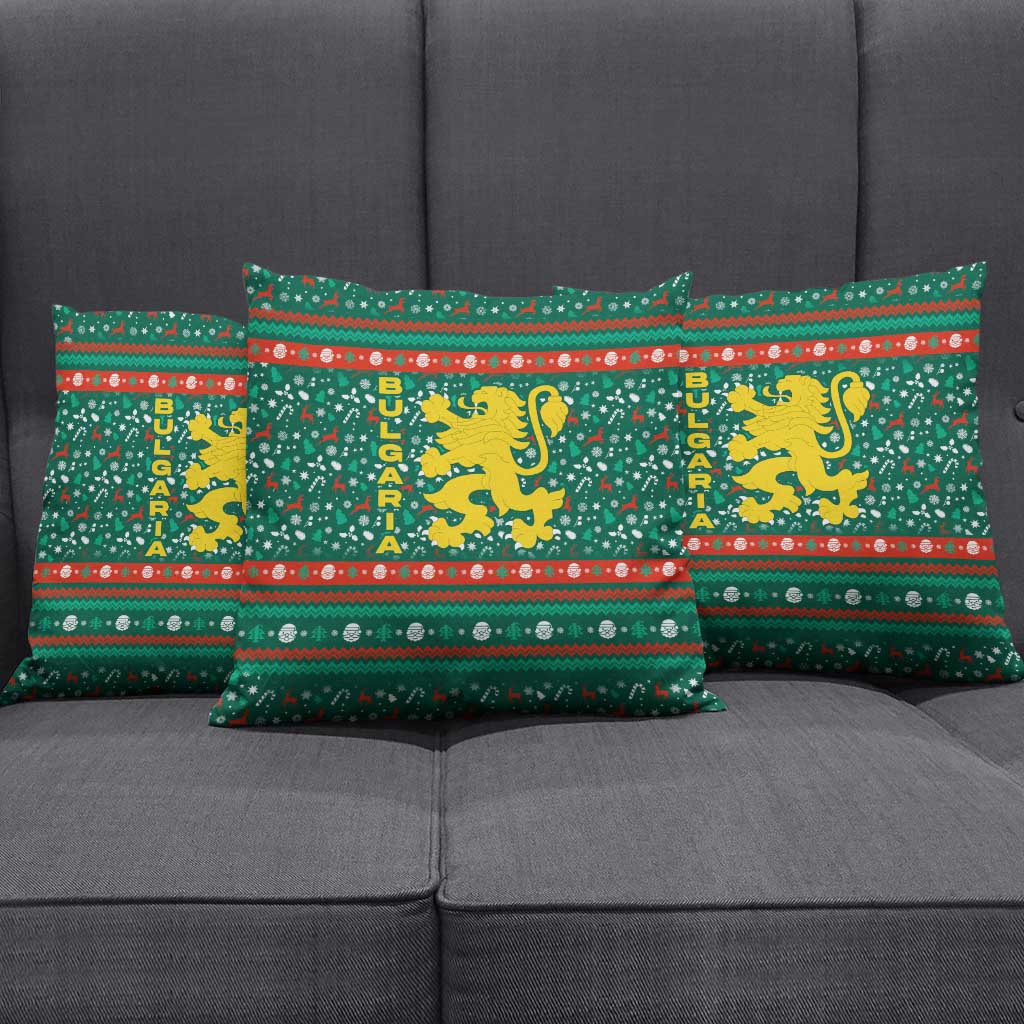 Bulgaria Christmas Pillow Cover with Green-Red Theme, Golden Lion, and Santa Sleigh Motif - Wonder Print Shop