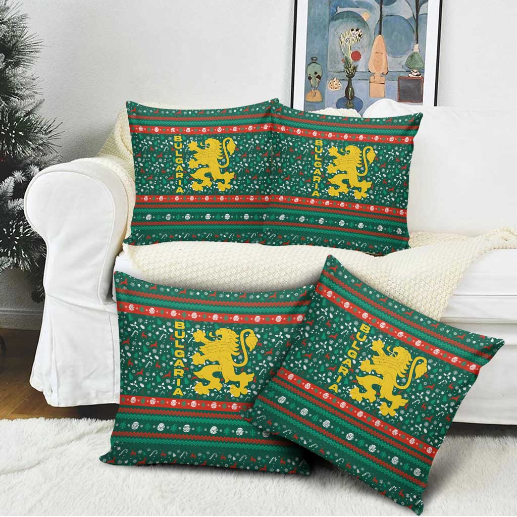 Bulgaria Christmas Pillow Cover with Green-Red Theme, Golden Lion, and Santa Sleigh Motif - Wonder Print Shop