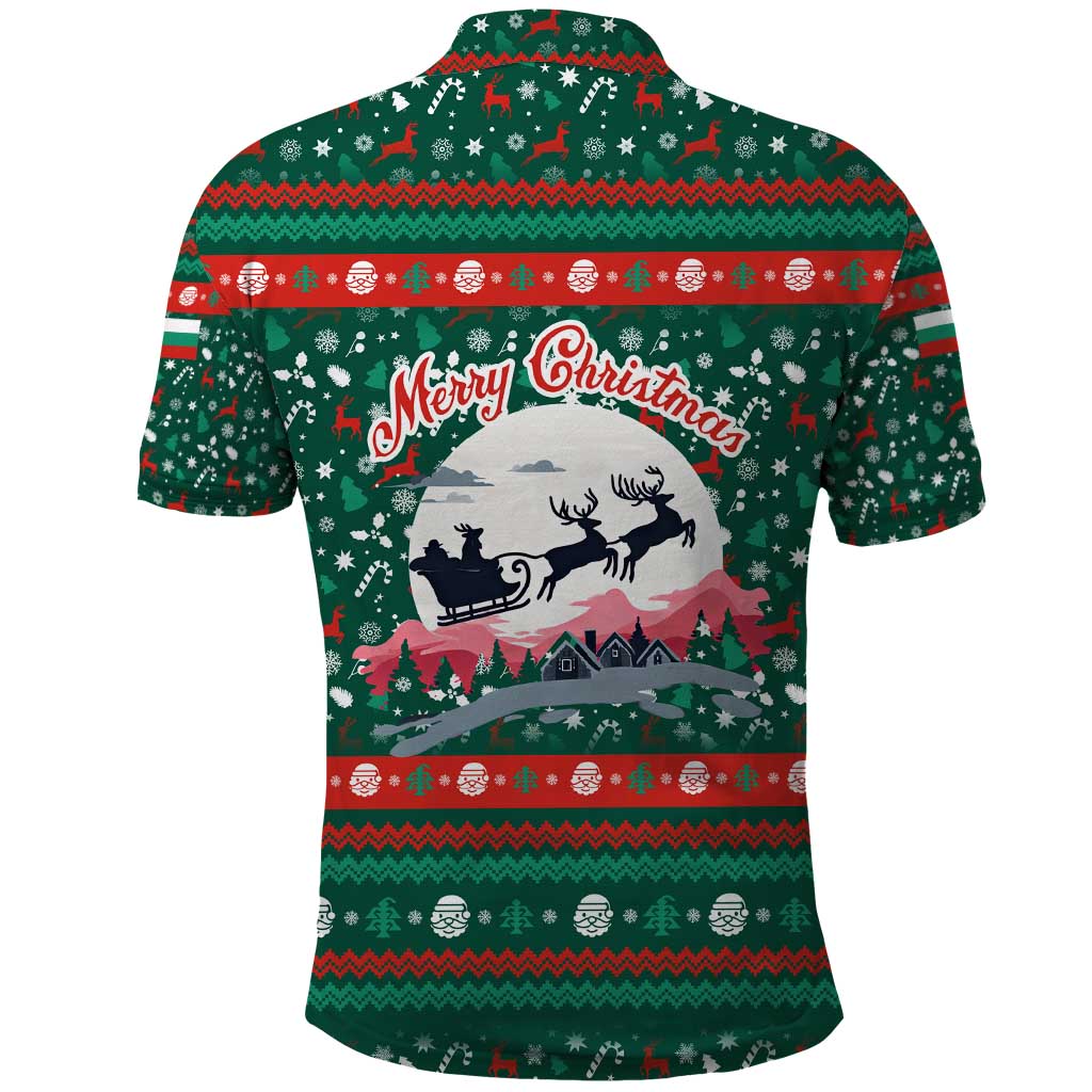 Bulgaria Christmas Polo Shirt with Green-Red Theme, Golden Lion, and Santa Sleigh Motif - Wonder Print Shop