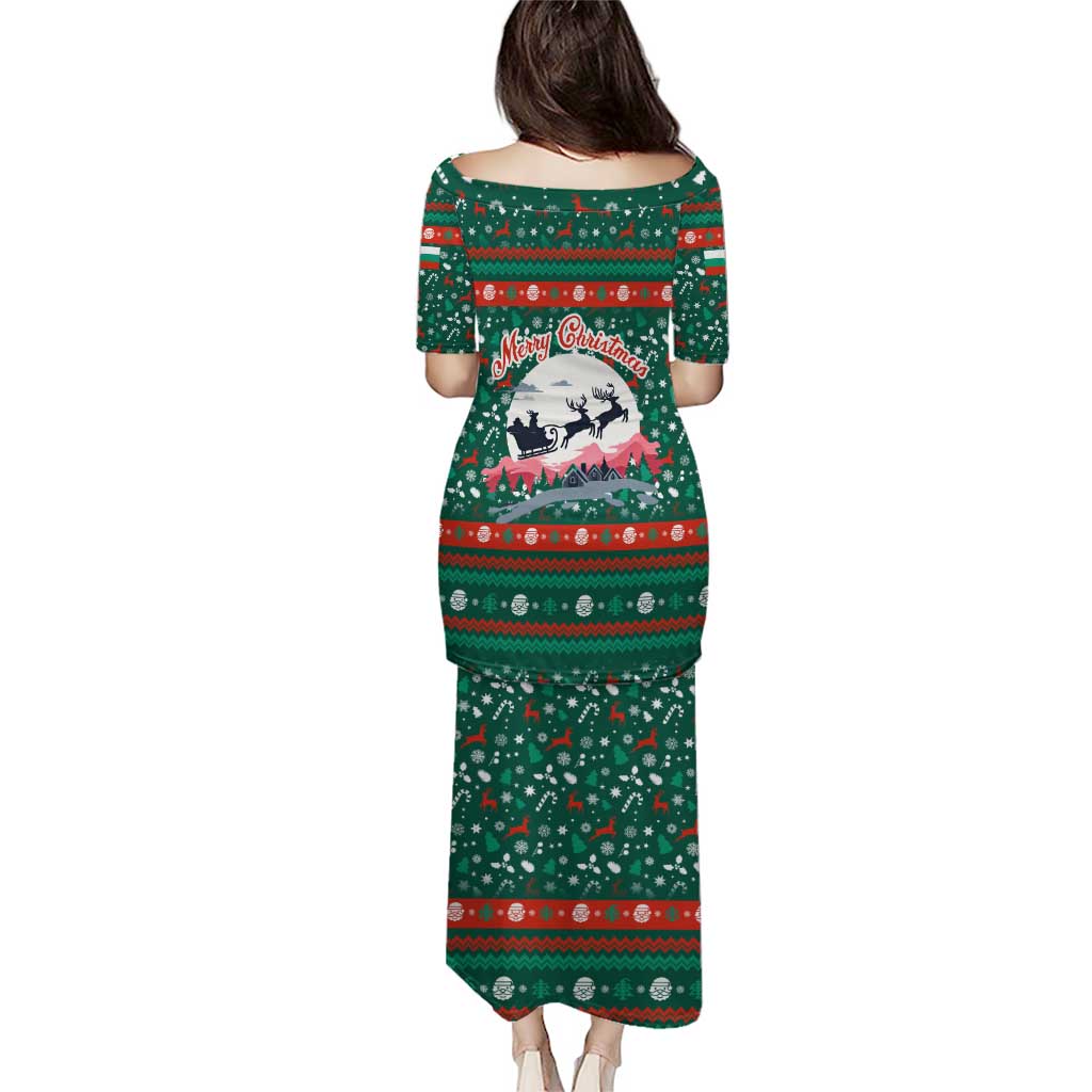Bulgaria Christmas Puletasi with Green-Red Theme, Golden Lion, and Santa Sleigh Motif - Wonder Print Shop