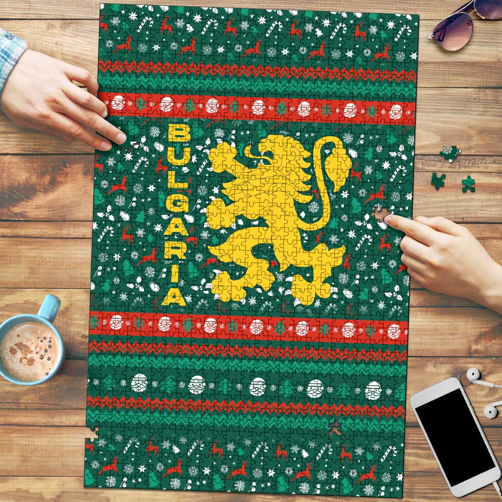 Bulgaria Christmas Puzzle with Green-Red Theme, Golden Lion, and Santa Sleigh Motif - Wonder Print Shop