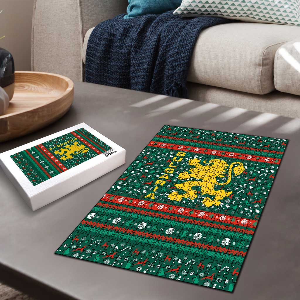 Bulgaria Christmas Puzzle with Green-Red Theme, Golden Lion, and Santa Sleigh Motif - Wonder Print Shop
