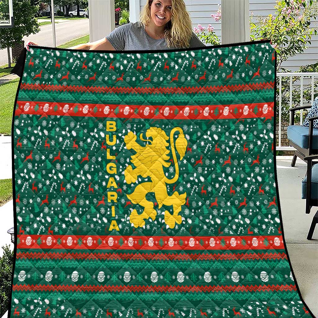 Bulgaria Christmas Quilt with Green-Red Theme, Golden Lion, and Santa Sleigh Motif - Wonder Print Shop