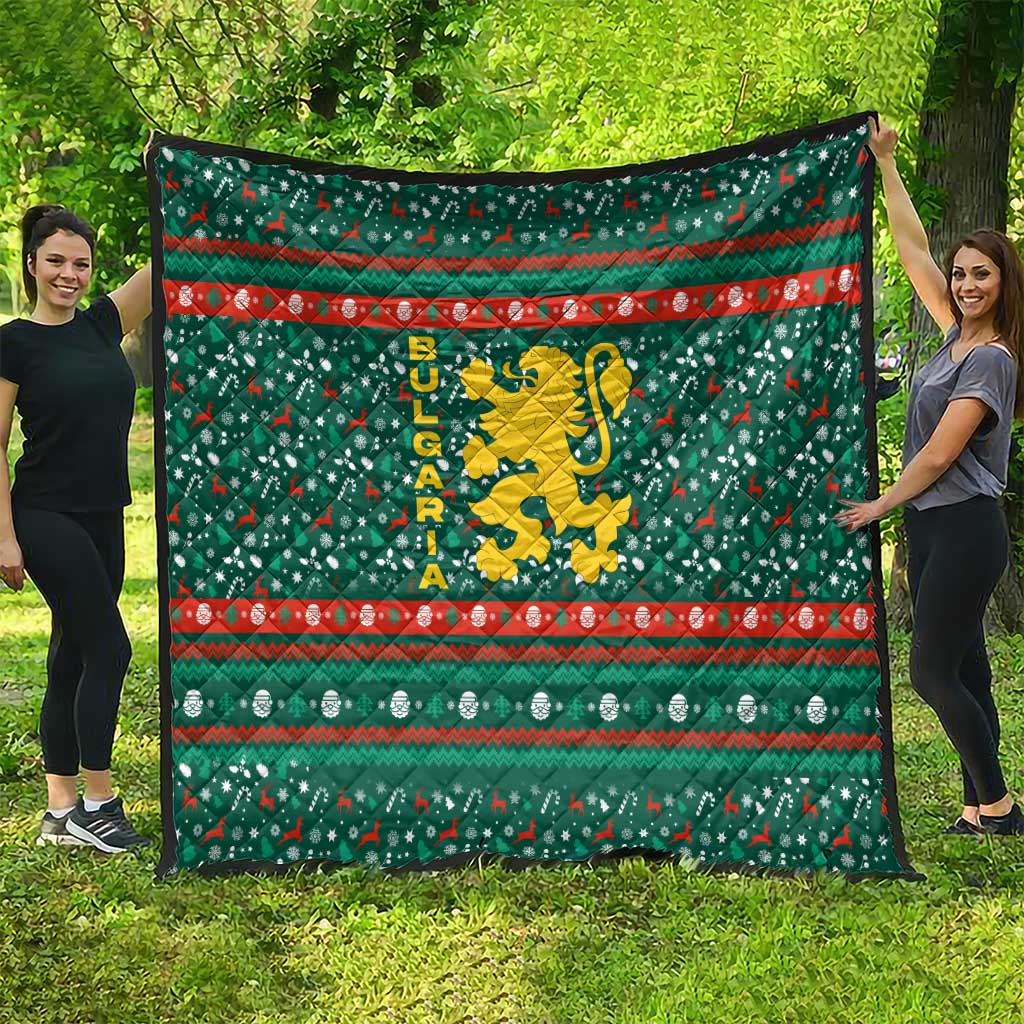 Bulgaria Christmas Quilt with Green-Red Theme, Golden Lion, and Santa Sleigh Motif - Wonder Print Shop