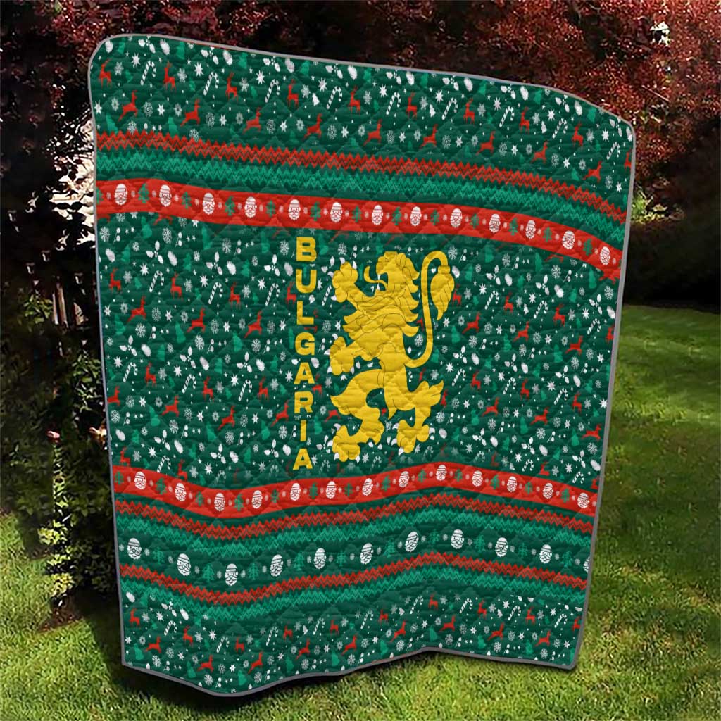 Bulgaria Christmas Quilt with Green-Red Theme, Golden Lion, and Santa Sleigh Motif - Wonder Print Shop