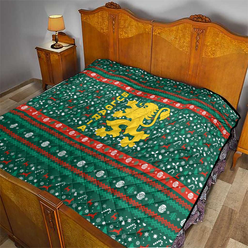 Bulgaria Christmas Quilt with Green-Red Theme, Golden Lion, and Santa Sleigh Motif - Wonder Print Shop