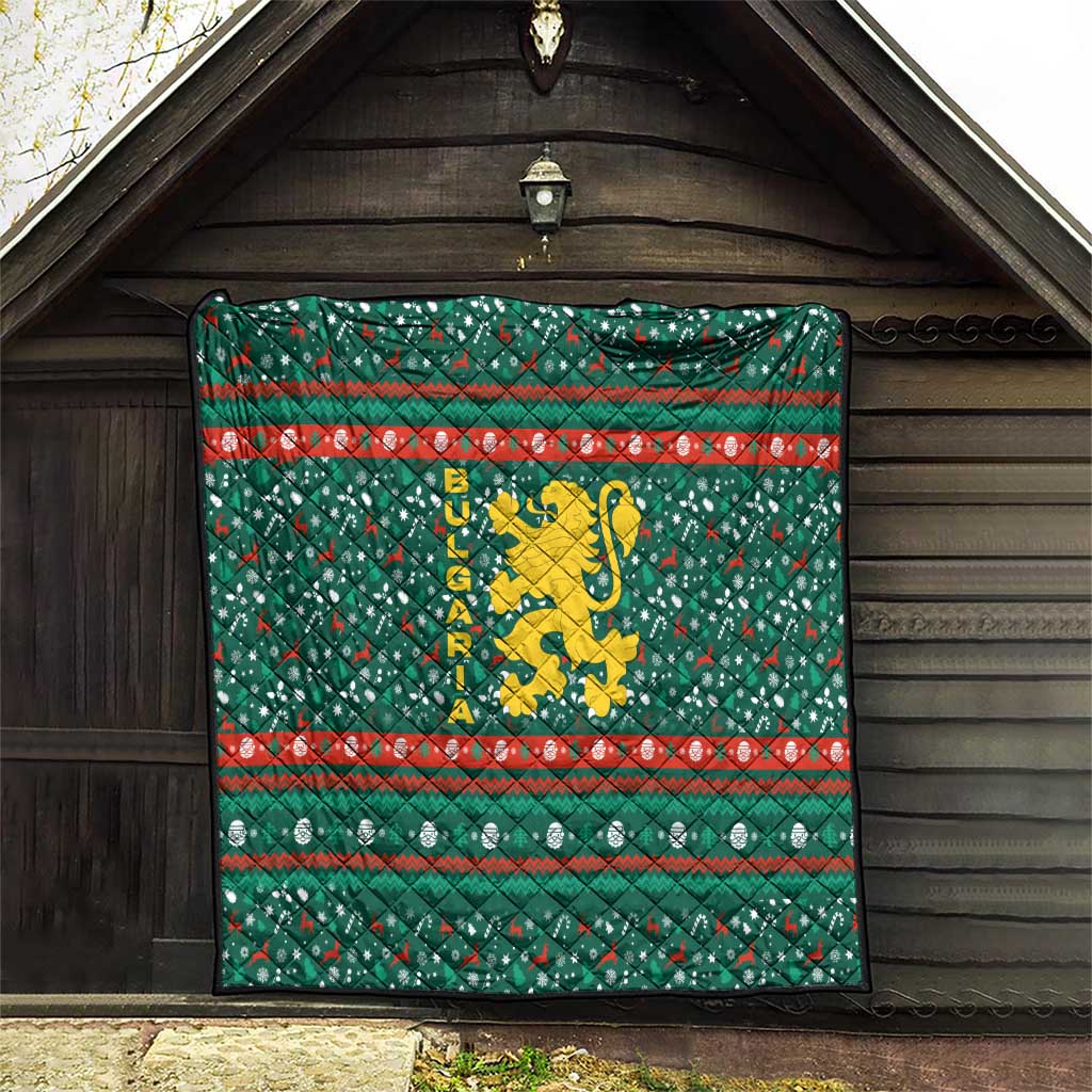 Bulgaria Christmas Quilt with Green-Red Theme, Golden Lion, and Santa Sleigh Motif - Wonder Print Shop