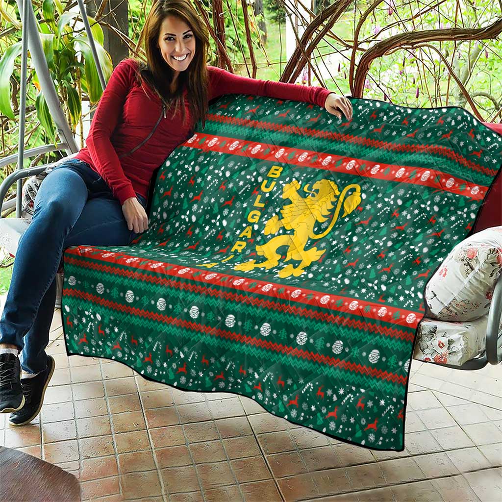 Bulgaria Christmas Quilt with Green-Red Theme, Golden Lion, and Santa Sleigh Motif - Wonder Print Shop