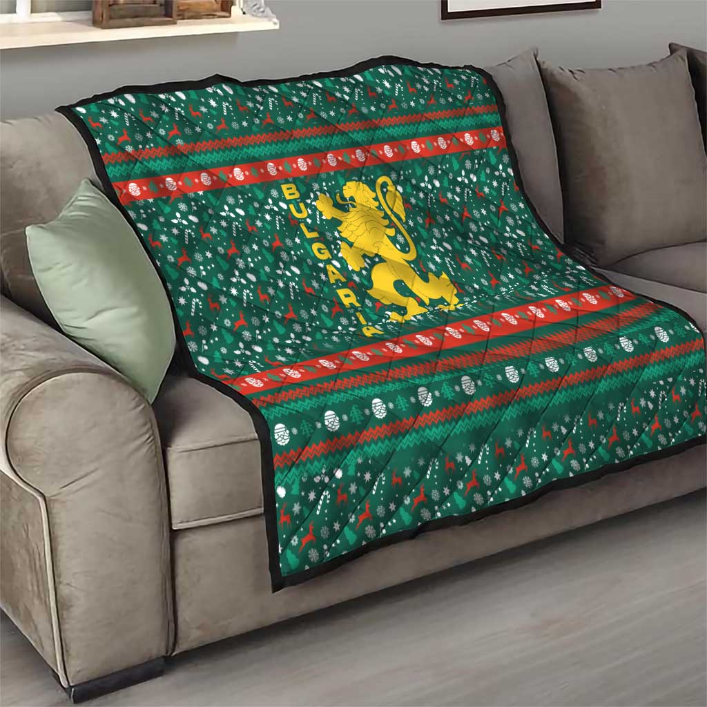 Bulgaria Christmas Quilt with Green-Red Theme, Golden Lion, and Santa Sleigh Motif - Wonder Print Shop