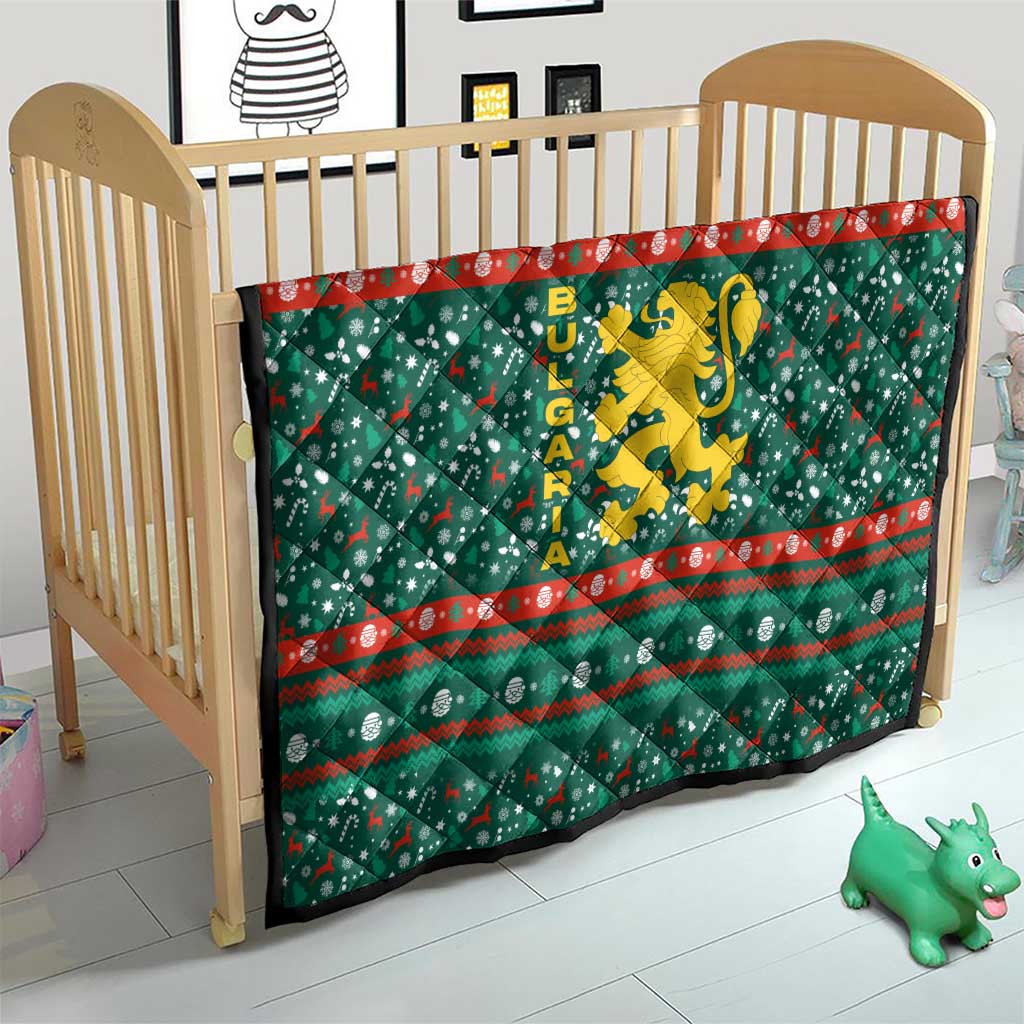 Bulgaria Christmas Quilt with Green-Red Theme, Golden Lion, and Santa Sleigh Motif - Wonder Print Shop