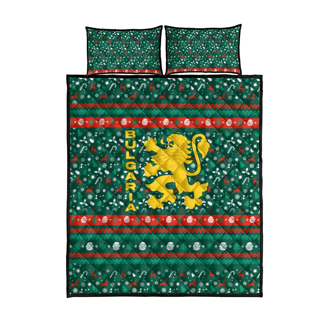 Bulgaria Christmas Quilt Bed Set with Green-Red Theme, Golden Lion, and Santa Sleigh Motif - Wonder Print Shop