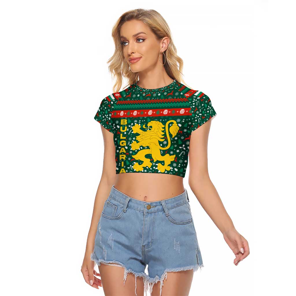 Bulgaria Christmas Raglan Cropped T Shirt with Green-Red Theme, Golden Lion, and Santa Sleigh Motif - Wonder Print Shop